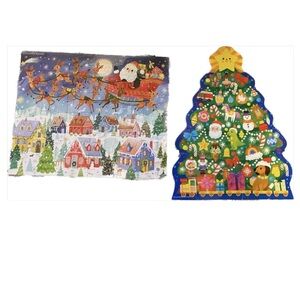 (2)Crocodile Creek Puzzle Set Santa Sleigh winter wonderland Christmas tree USED